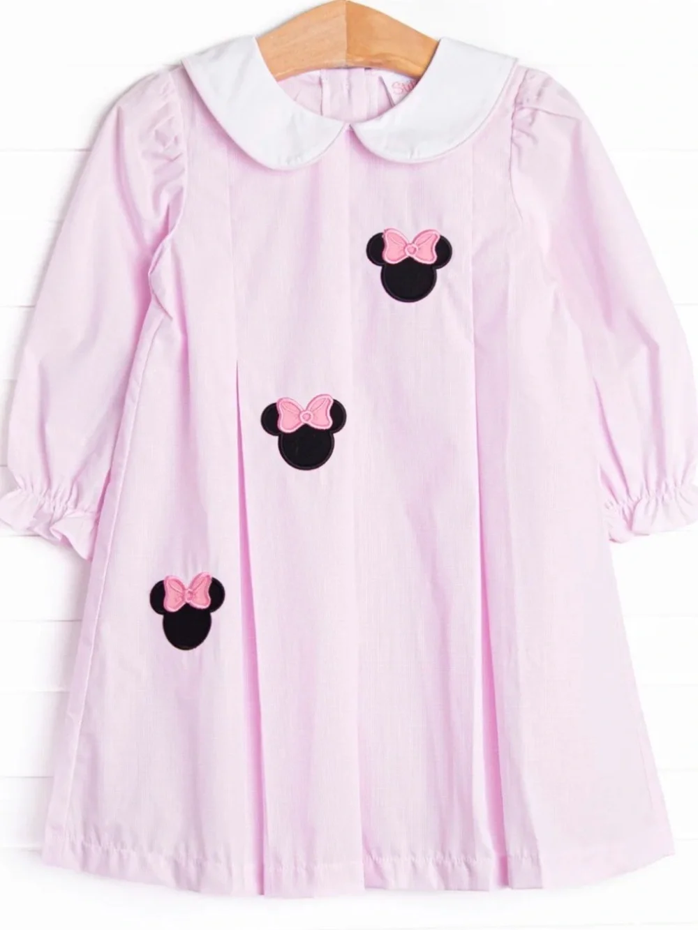 NWOT Stitchy Fish Pink Long-Sleeve Girls Dress with Bow Minnie Appliqués